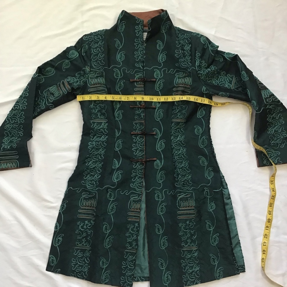 MINIYE ASIAN WOMEN ELEGANT TEAL GREEN EMBROIDERED FLORAL DESIGN SILK COAT SZ XL - Picture 7 of 10
